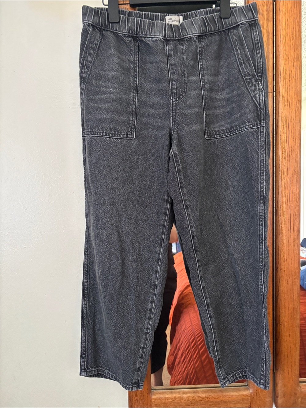 Madewell Pull-On Barrel Leg Jeans Black Wash Elastic Waist Pockets 14P Petite